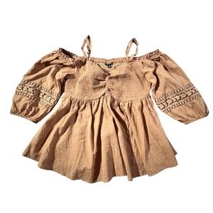 Torrid Peplum Top Womens Size 0 Large Brown Smocked Off Shoulder Crochet Lace
